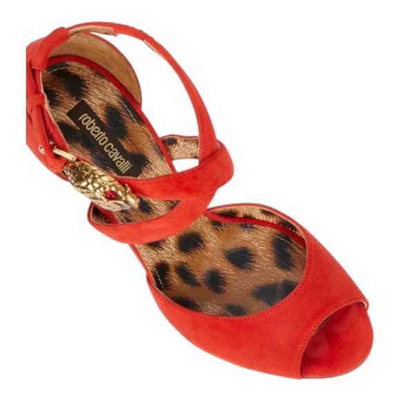 Roberto Cavalli Red/Orange Suede Stiletto Heels Gold Snake Head Italy Size 7 - Picture 4 of 11